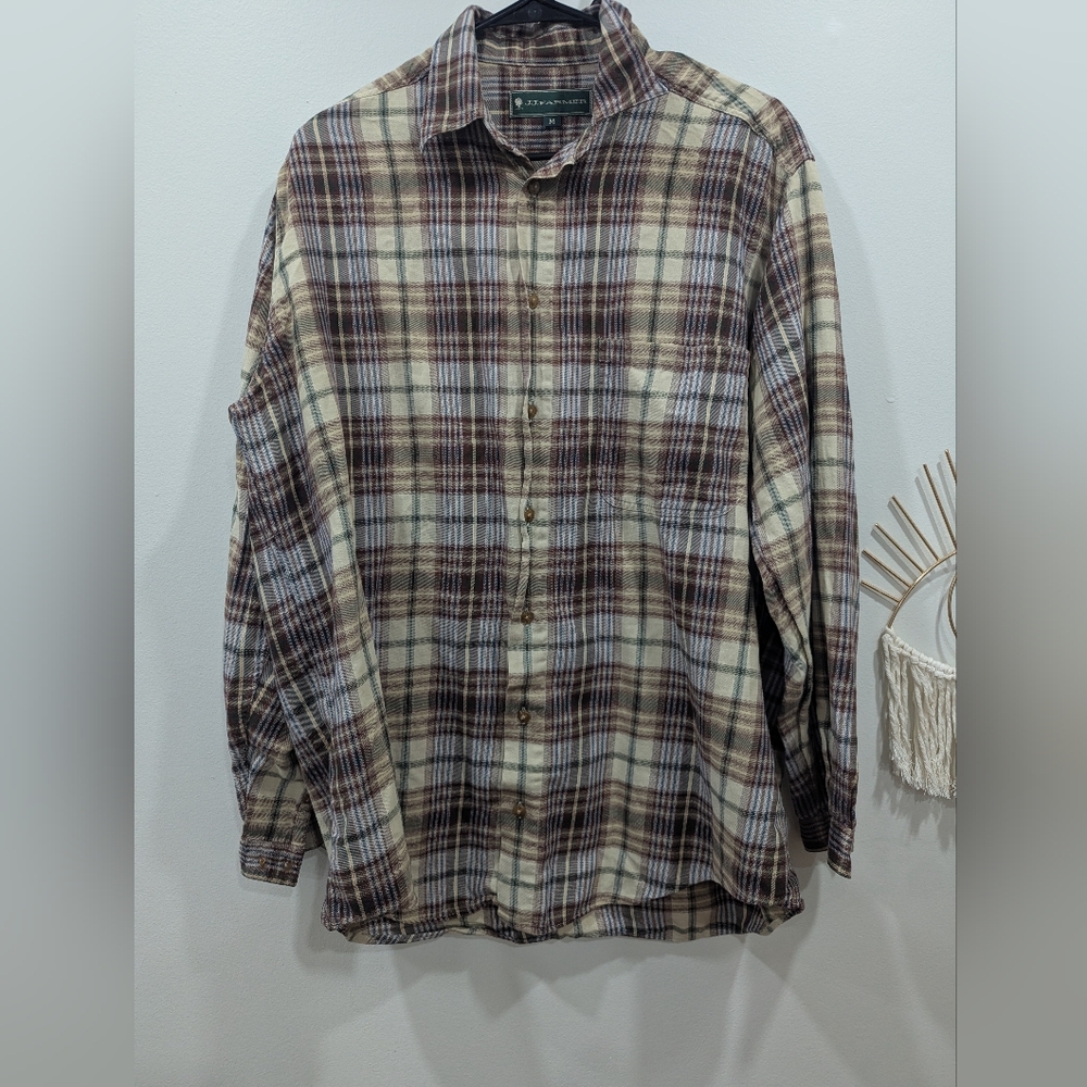 J.J Farmer Vintage 100% Cotton Plaid Casual Button-Down Shirt in Brown and Cream